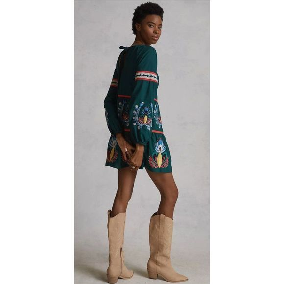 Anthropologie Dresses & Skirts - NWT Anthropologie Let Me Be Green Embroidered Mini Tunic Dress Long Sleeves